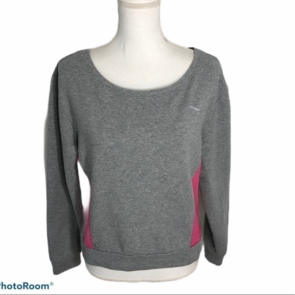 Puma Wide Neck Pullover Sweatshirt Large Gray Women’s Pink Sweater - Picture 1 of 9